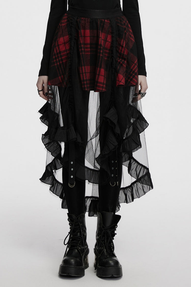 Black/Red Ruffle Stitching Mesh Plaid High/low Women's Gothic Skirt - Black/Red - 1