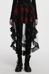 Black/Red Ruffle Stitching Mesh Plaid High/low Women's Gothic Skirt - Black/Red - 1
