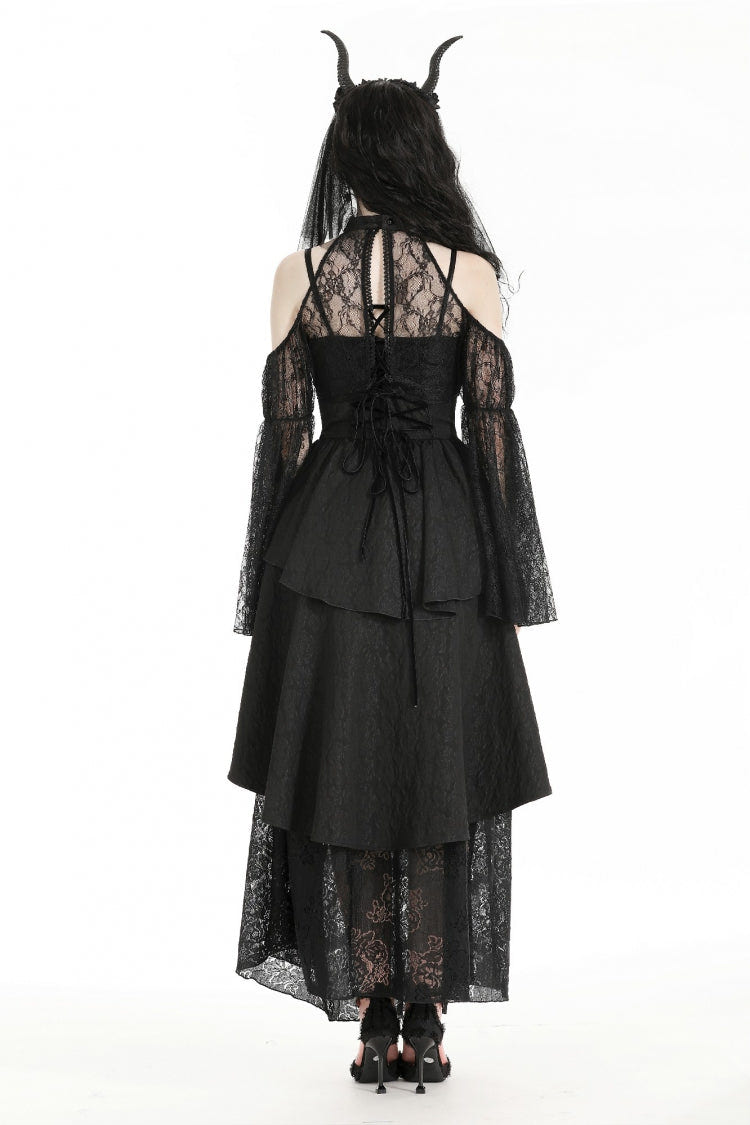 Black Off Shoulder Long Puff Sleeves Cut-Out Lace Women's Gothic Cape - Product - 4
