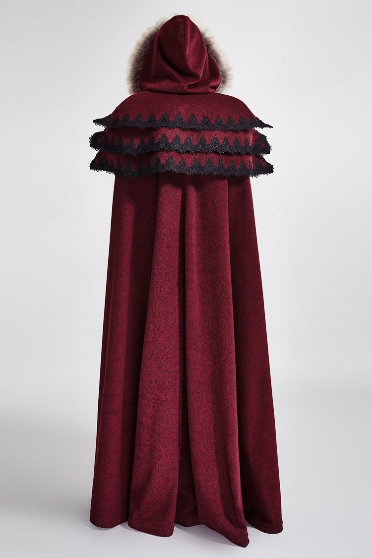 Red Hooded Fur Collar Wool Long Womens Gothic Coat Cloak - Product - 6