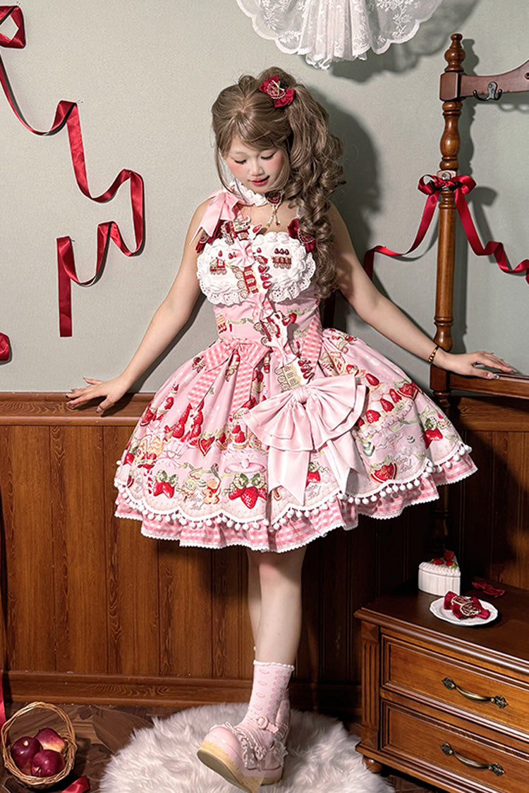 Mint Strawberry Dessert Print Natural Waisted Ruffle Bowknot Sweet Lolita JSK Dress 4 Colors - Product - 9