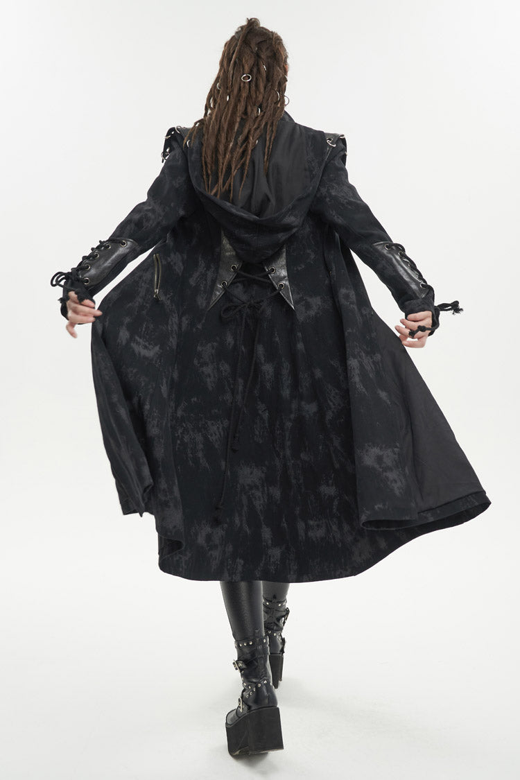 Black Faux Leather Splice With Hood Irregular Pattern Print Long Women's Punk Coat - Product - 6