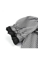 Black/White Pinstripe Short Puff Sleeves Lace-Up Women's Preppy Style Swallow-tailed Blouse with Detachable Tie - Product - 15