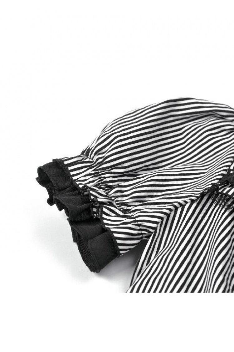 Black/White Pinstripe Short Puff Sleeves Lace-Up Women's Preppy Style Swallow-tailed Blouse with Detachable Tie - Product - 15