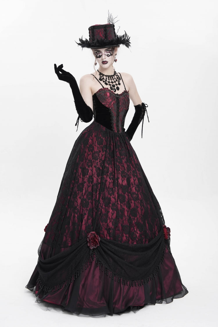 Red Jacquard Embroidery Floral Beaded Women's Gothic Long Slip Dress - Product - 4