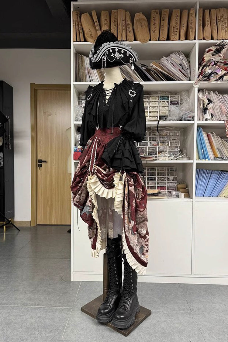 Black Pirate Series Navigation Treasure Hunting Guide V Collar Long Hime Sleeves Ouji Lolita Blouse - Product - 3