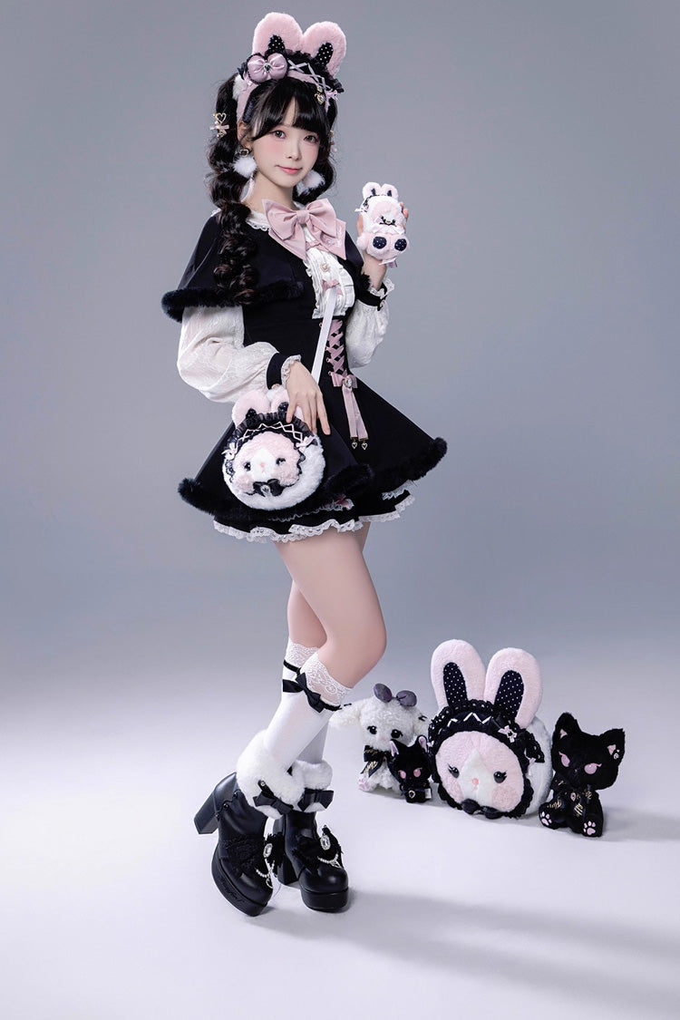 ブラック 長袖 フリル リボン レースアップ 和風 地雷系 ワンピース ショートパンツ Plush セット 商品画像