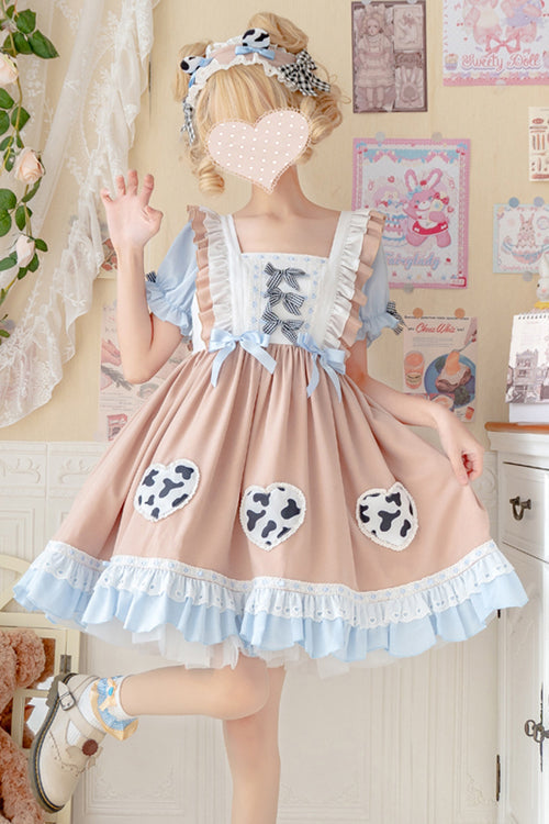 Apricot Pastoral Girl Ruffled Sling Short Sleeves High Waisted Sweet Lolita OP Dress - Product - 4