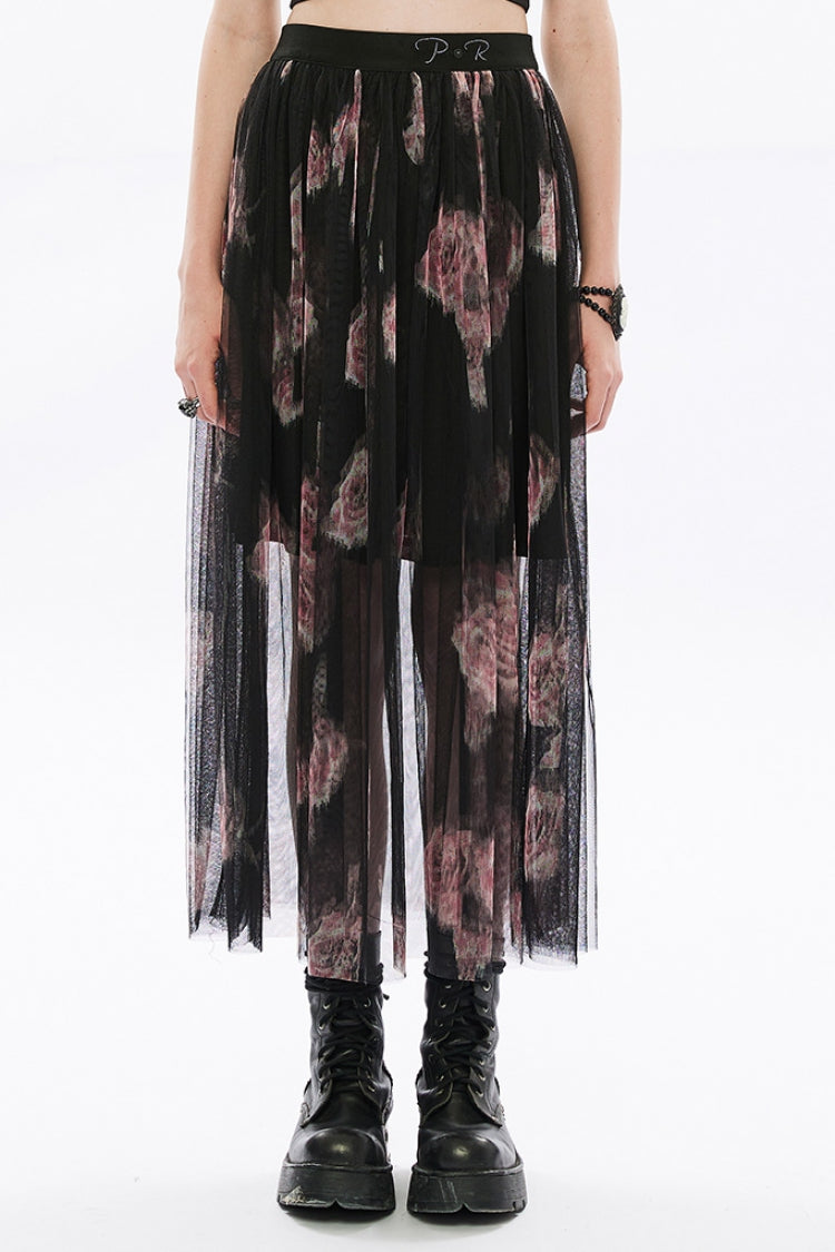 Rose Print Embroidery Stitching Lace Sheer Mesh Women's Gothic Skirt 2 Color - Black/Pink - 1