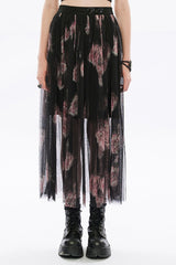 Rose Print Embroidery Stitching Lace Sheer Mesh Women's Gothic Skirt 2 Color - Black/Pink - 1