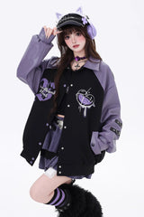 Long Sleeves Embroidery Stitching Gothic Japanese Jirai Kei Coat 2 Colors - Purple - 2