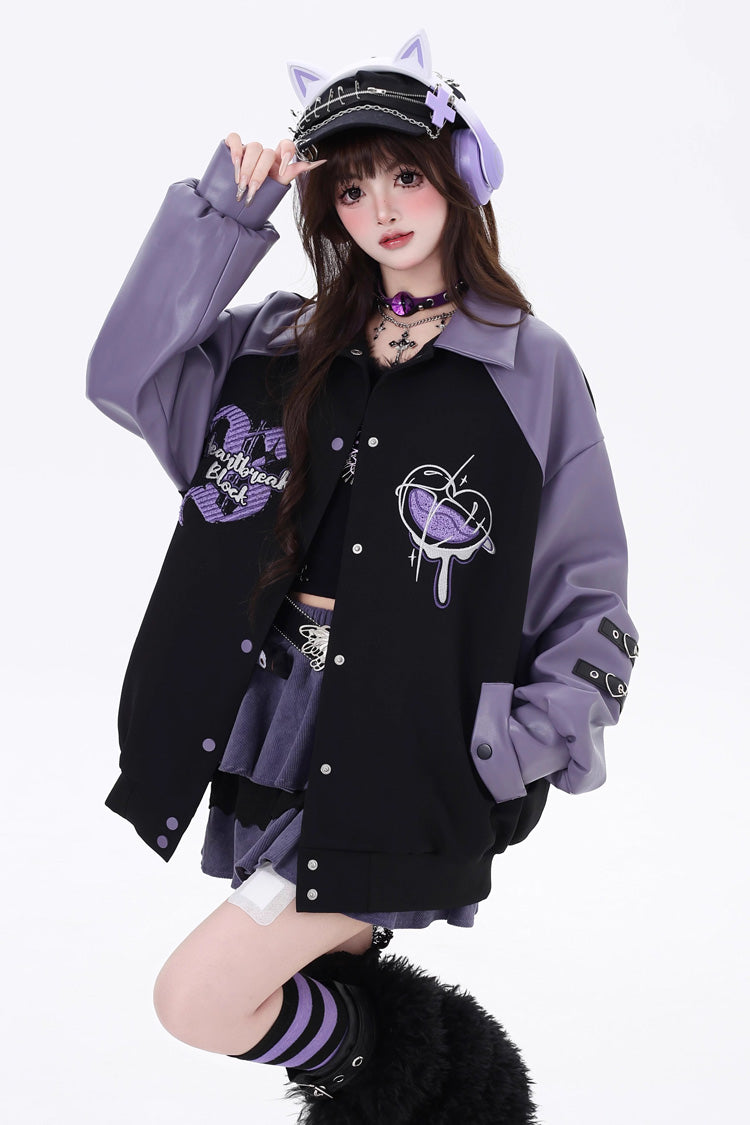 Long Sleeves Embroidery Stitching Gothic Japanese Jirai Kei Coat 2 Colors - Purple - 2