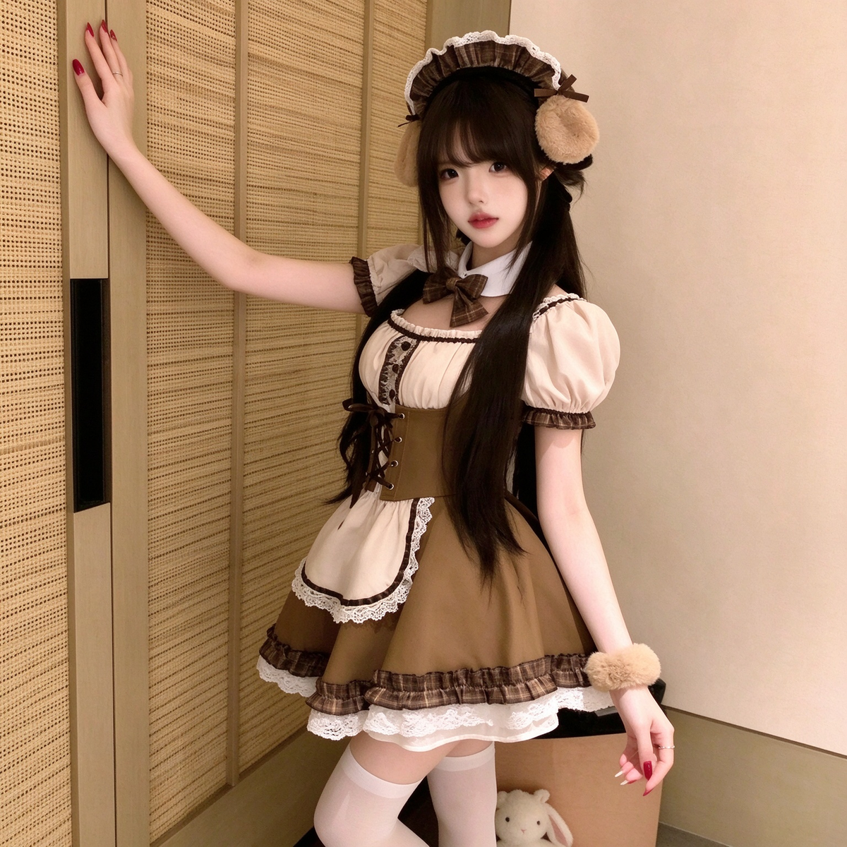 Brown and Beige Ruffled Lolita Dress with Lace-Up Vest Accent - view 5