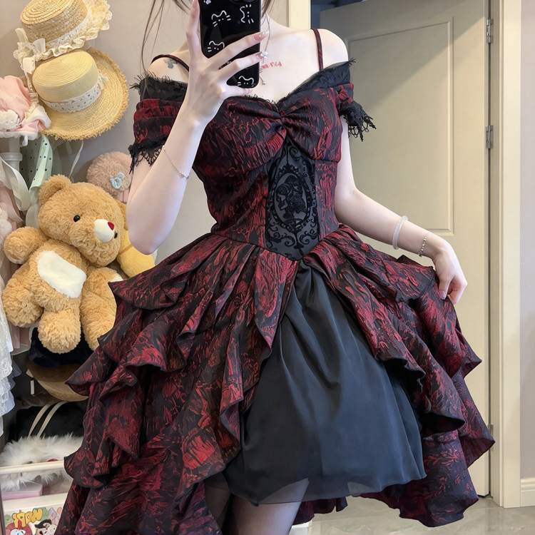 Red and Black Jacquard Ruffled Lolita Dress with Brooch Accent - view 5
