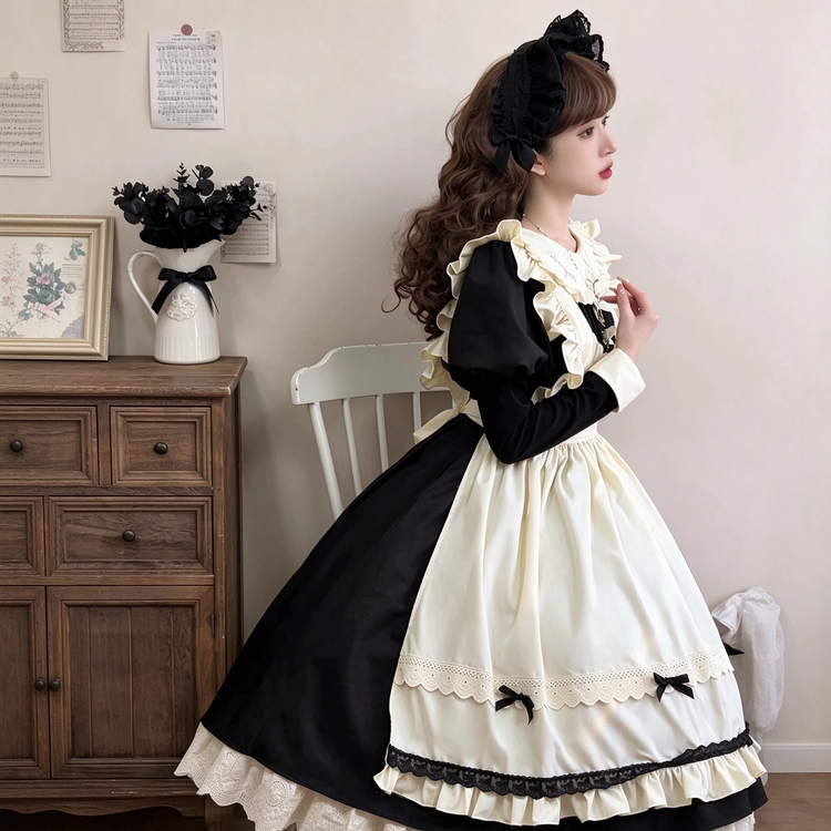 Black and Cream Ruffled Maid Lolita Dress with Apron Bow Accent - view 3