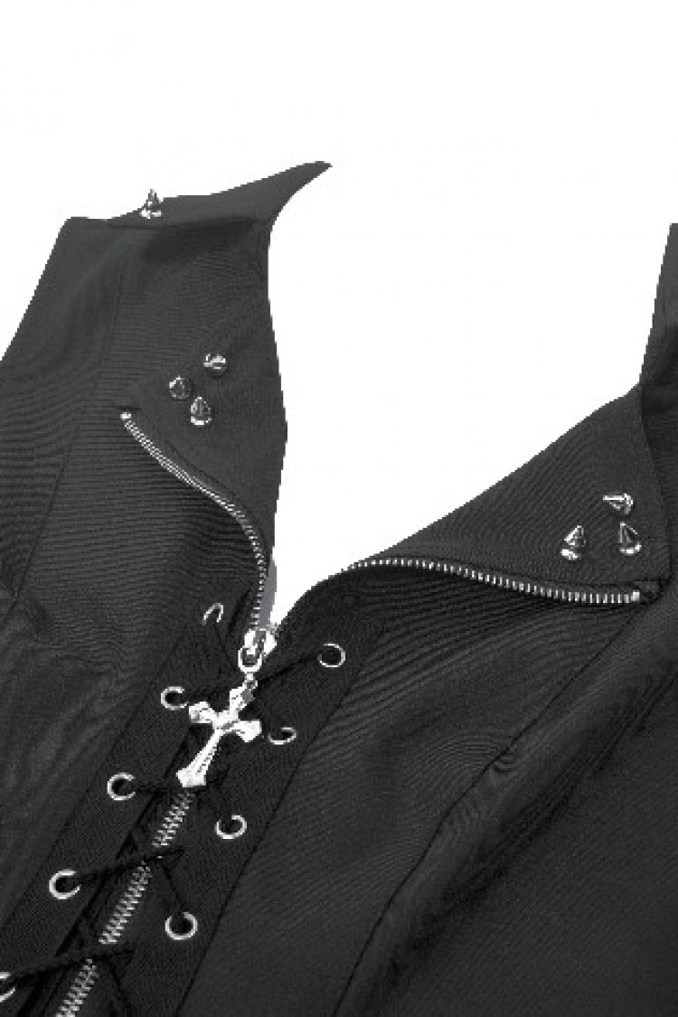 Black Lapel Collar Sleeveless Lace-Up Studded Zippered Eyelet Women's Punk Vest - Product - 12