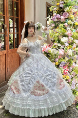 [The Glass Ball of Misty Isle] Multi-Layered Ruffled Hanayome Embroidered Sweet Plus Size Lolita Dress Set 5 Colors (White, Yellow, Purple, Green, Pink) - White(Set) - 2