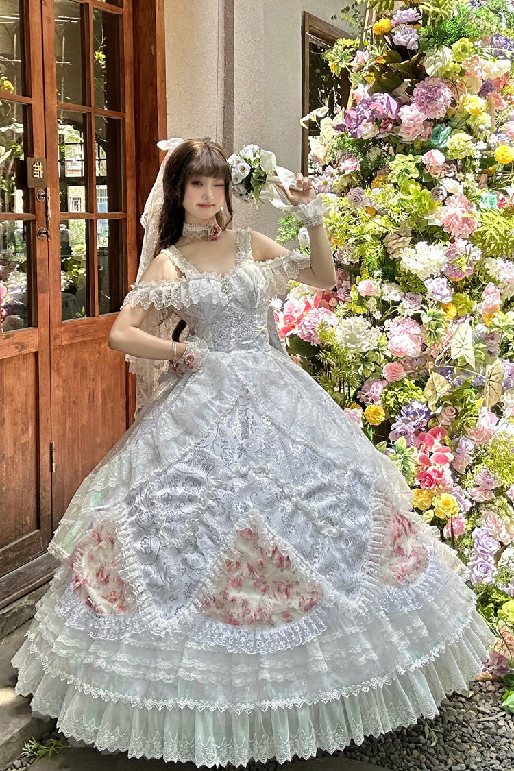 [The Glass Ball of Misty Isle] Multi-Layered Ruffled Hanayome Embroidered Sweet Plus Size Lolita Dress Set 5 Colors (White, Yellow, Purple, Green, Pink) - White(Set) - 2
