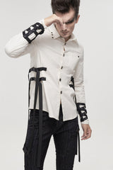 White Punk Nylon Strap Metal Buckle Decoration Long Sleeve Elasticity Thick Men's Shirt - Product - 2