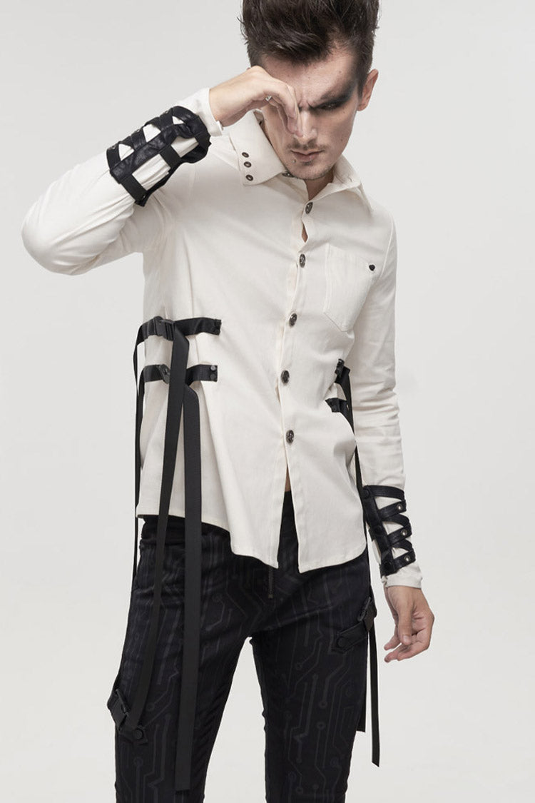 White Punk Nylon Strap Metal Buckle Decoration Long Sleeve Elasticity Thick Men's Shirt - Product - 2