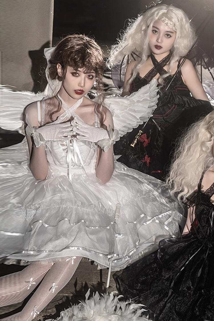 [Seven Deadly Sins] Sleeveless Double-Layered Ruffle Hanayome Bowknot Lace Gothic Plus Size Lolita Jsk Dress 3 Colors - Product - 5