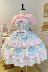 Blue/Pink [Fondant Cake] Sleeveless Multi-Layered Ruffle Bowknot Lace Sweet Lolita Jsk Dress - Product - 3