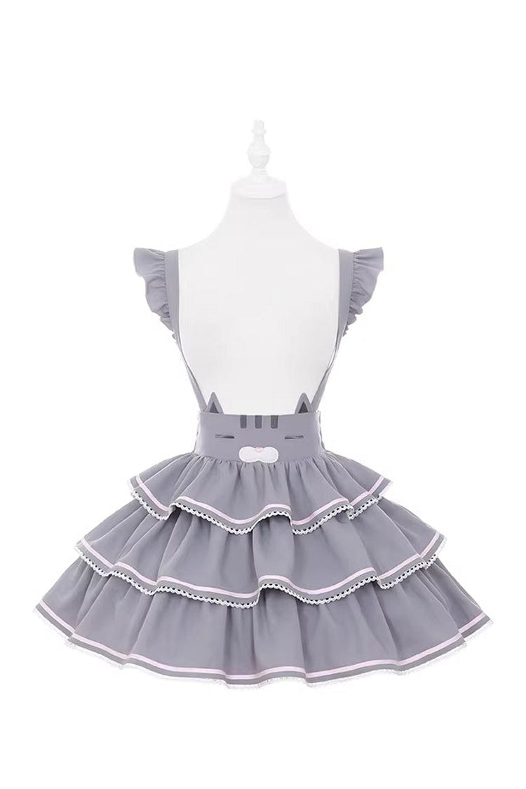 Grey [Gloomy Cat Series] Sleeveless Triple-Layered Ruffled Sweet Suspender Cake Strap Dress - Product - 3