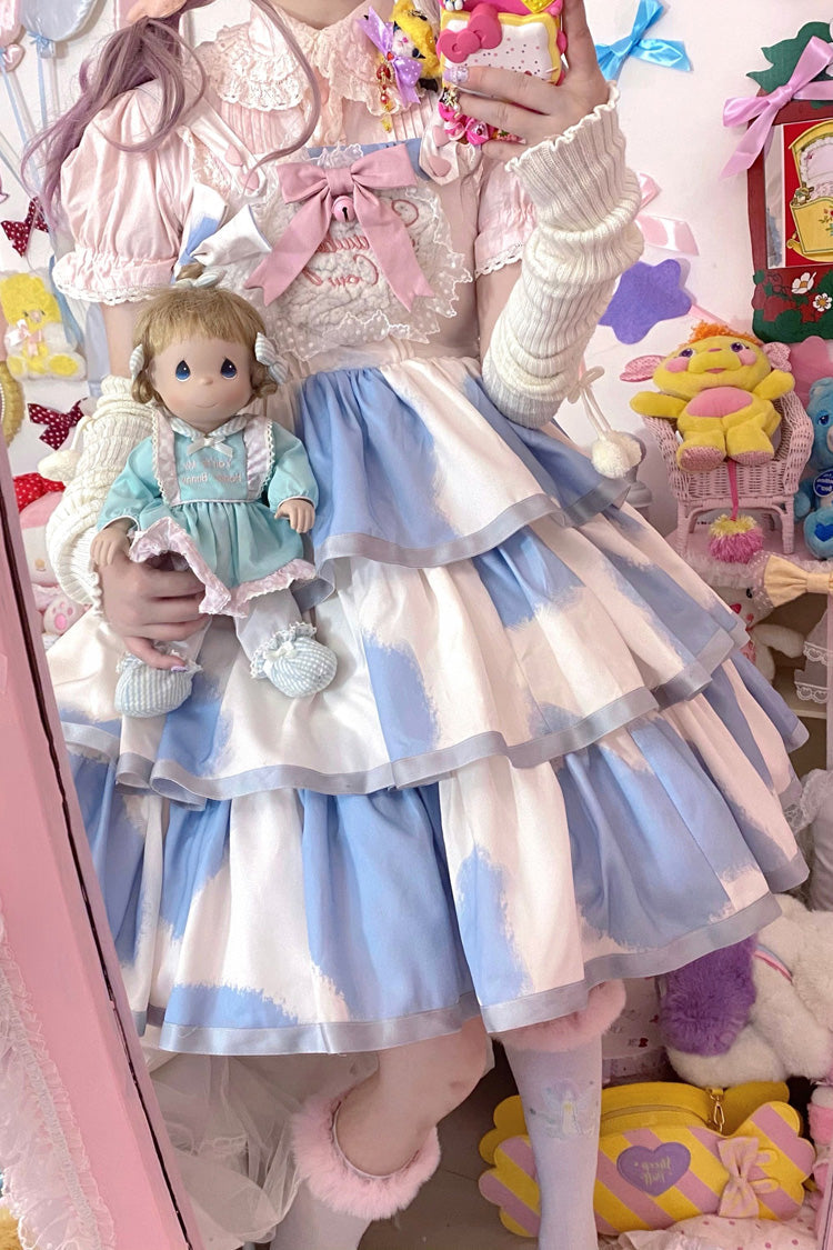 Blue Sleeveless Triple-Layered Cow Print Ruffle Bowknot Sweet (Dress Only) detail view 4
