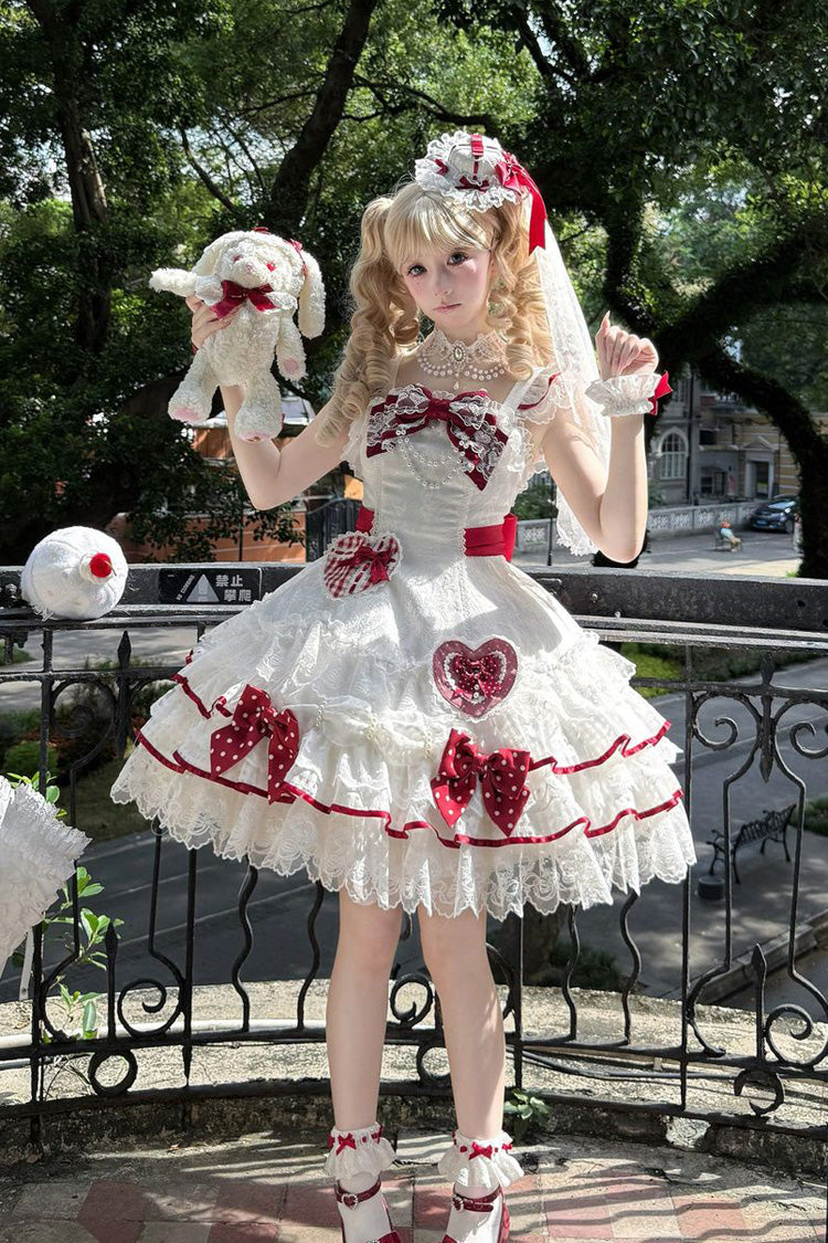 White [Polka-Dot Love Letter] Sleeveless Double-Layered Bowknot Lace Pearl Sweet Lolita Jsk Dress - Product - 5