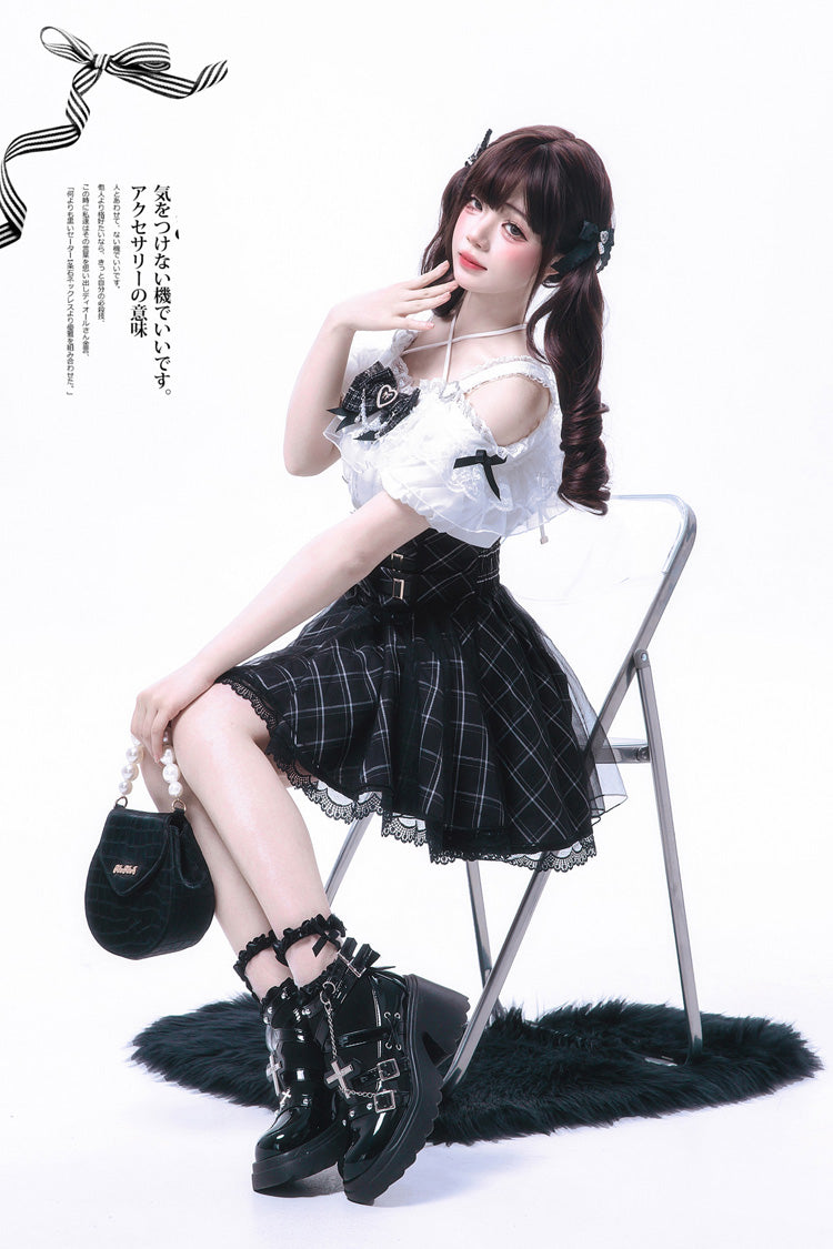Black/White [Sixteenth Night] Off Shoulder Short Sleeves Plaid Printed Bow Classic Japanese Jirai Kei Skirt Set - Product - 8