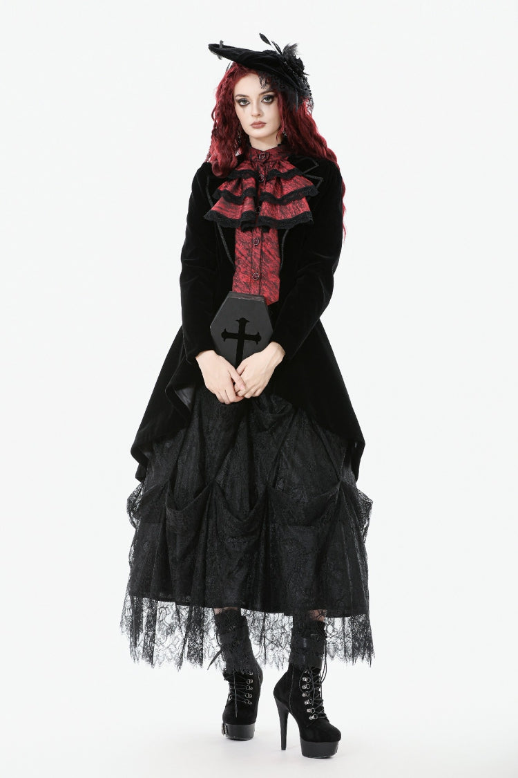 Black/Red Peak Lapel Collar Long Sleeves Multi-Layered Lace Mock Two-piece Women's Gothic Tailcoat - Product - 7