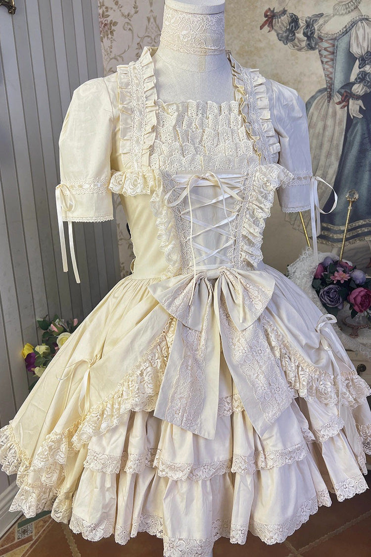 [Miss Rella] Short Sleeves Multi-Layered Ruffle Cardigan Bowknot Lace-Up Sweet Lolita Dress 9 Colors - Ivory - 12