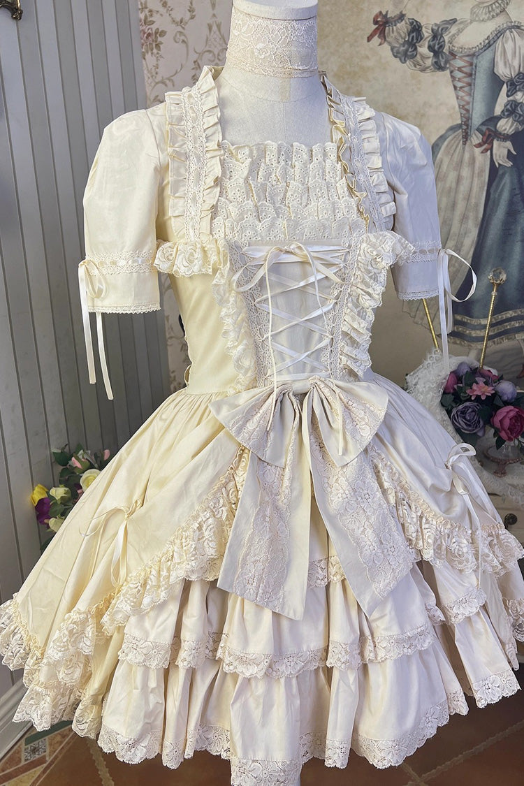 [Miss Rella] Short Sleeves Multi-Layered Ruffle Cardigan Bowknot Lace-Up Sweet Lolita Dress 9 Colors - Ivory - 12