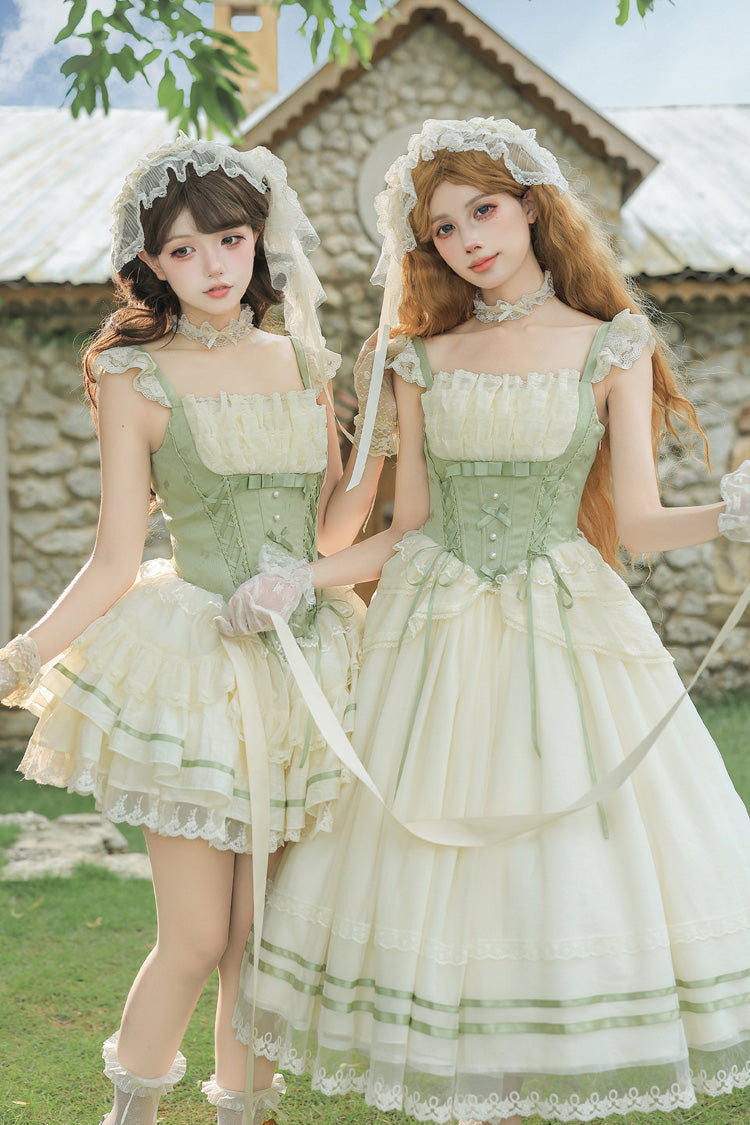 Green Square Collar Sleeveless Multi-Layered Ruffled Bow Lace Fishbone Sweet Lolita Jsk Dress 2 Versions - Product - 2