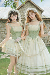 Green Square Collar Sleeveless Multi-Layered Ruffled Bow Lace Fishbone Sweet Lolita Jsk Dress 2 Versions - Product - 2