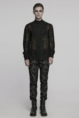 Black Stand Collar Chiffon Long Sleeves Hollow Embroidery Men's Gothic Blouse - Product - 4