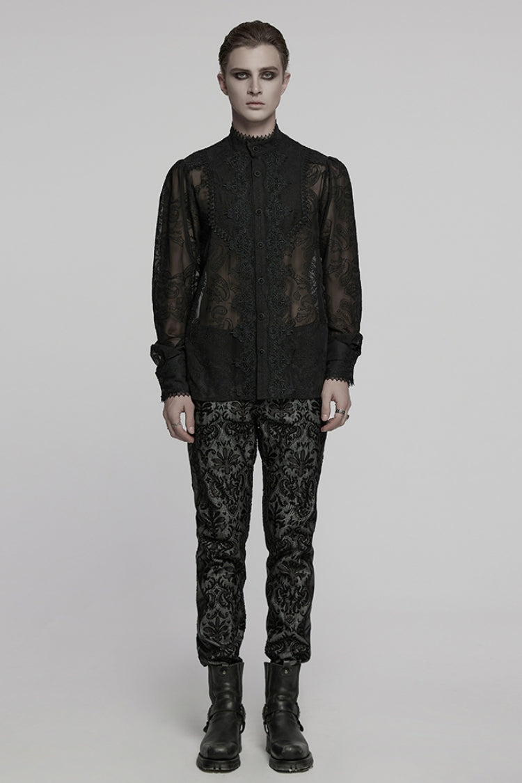 Black Stand Collar Chiffon Long Sleeves Hollow Embroidery Men's Gothic Blouse - Product - 4