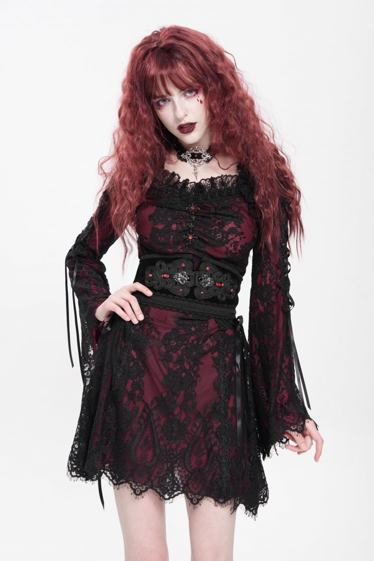 Red Square Collar Long Sleeves Floral Embroidery Lace Lace-Up Women's Gothic Dress - Red - 1