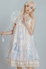 Light Blue Violin Cat Print Bowknot High Waisted Multi-Layer Ruffled Sweet Lolita Jsk Dress - Product - 4
