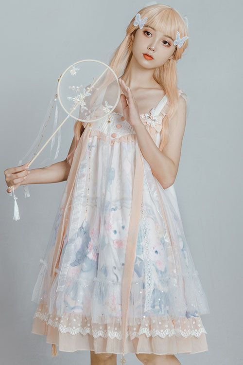 Light Blue Violin Cat Print Bowknot High Waisted Multi-Layer Ruffled Sweet Lolita Jsk Dress - Product - 4