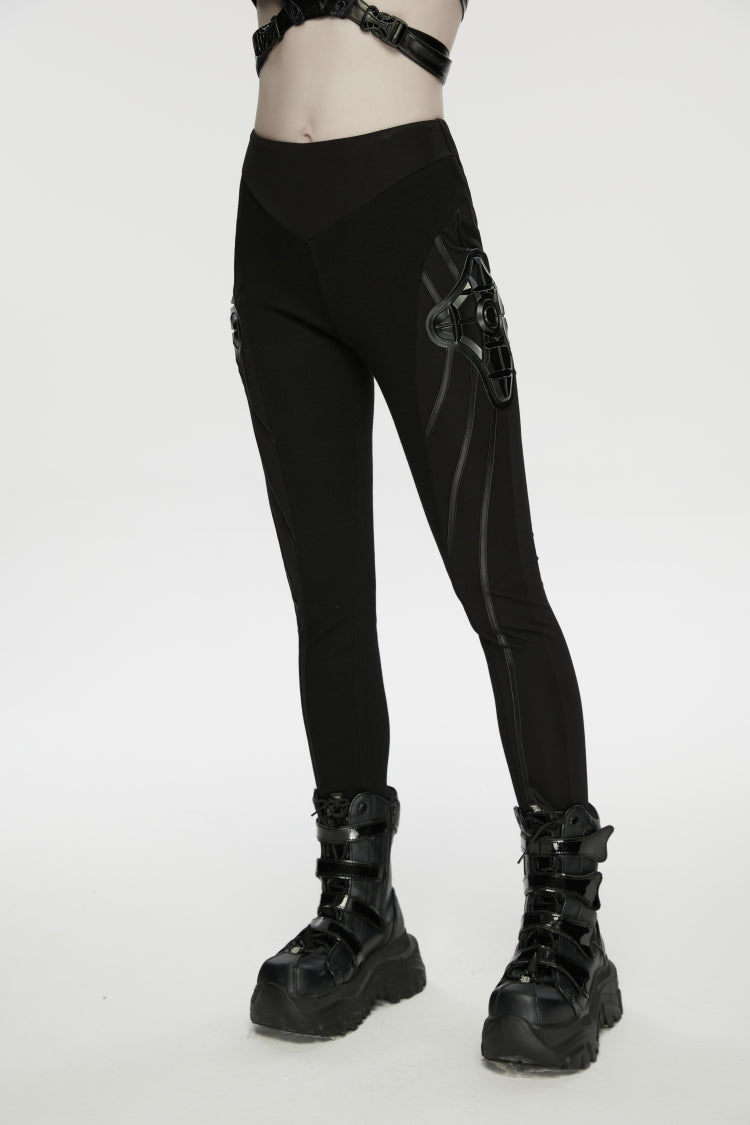 Black Slim Women's Armor-Accentuated Paneled Punk Leggings - Product - 7