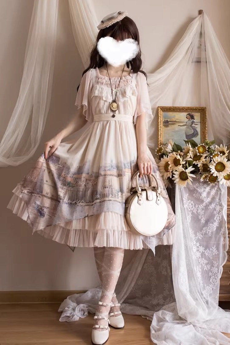 Apricot [Adria] Multi-Layered Printed Irregular Sweet Lolita Jsk Dress - Apricot - 1