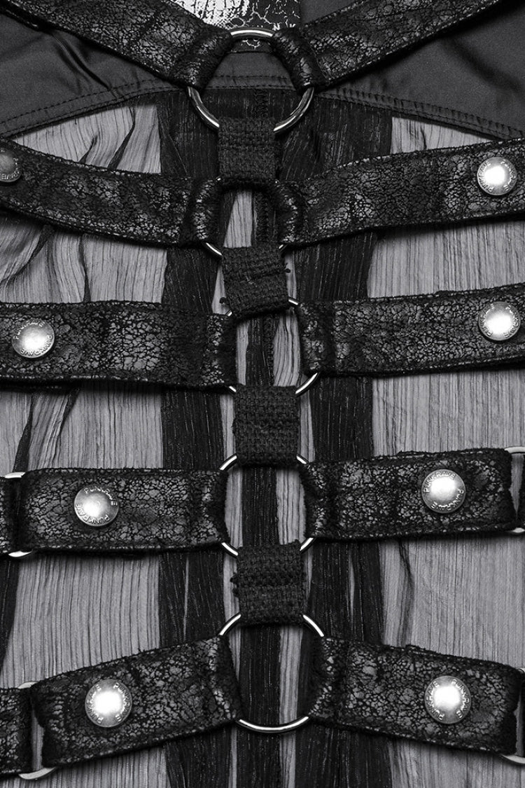 Black Sleeveless Hooded Mesh Women's Punk Harness Vest - Product - 5