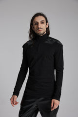 Black Stand Collar Long Sleeves Zip 3D Patch Print Men's Punk T-Shirt - Product - 3