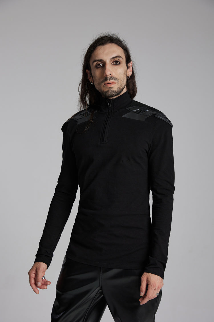 Black Stand Collar Long Sleeves Zip 3D Patch Print Men's Punk T-Shirt - Product - 3