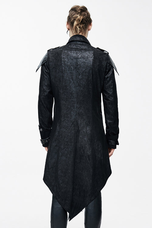 False Two Pieces Black Hooded Leather Long Mens Gothic Coats - Product - 4
