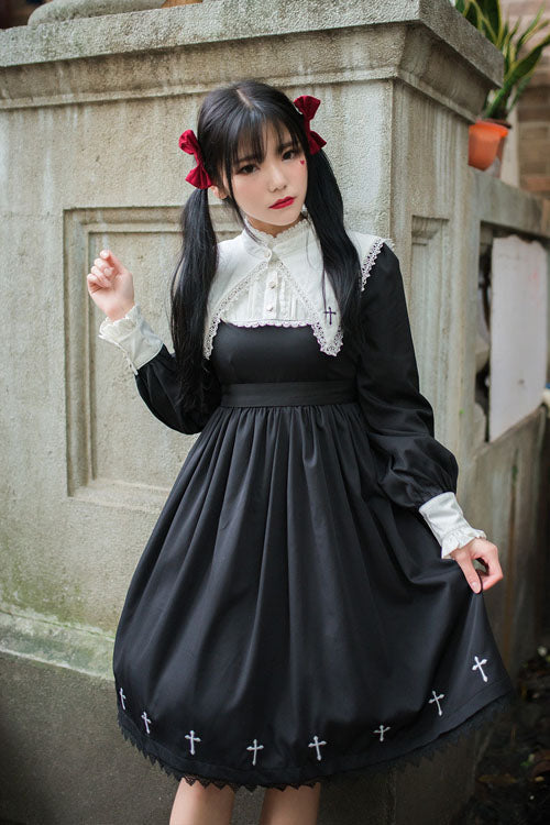 Black Dark Style Punk Cross High Waist Gothic Lolita OP Dress - Product - 6