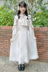 White Stand Collar Off Shoulder Long Sleeves Hollow Bowknot Slim Jirai Kei Japanese Dress - Product - 7