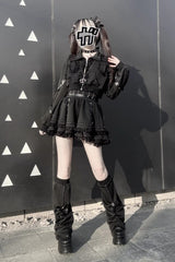 Black [False Judgment] Ruffled Lace Zippered Gothic Jirai Kei Japanese Handsome Skirt Set - Product - 5
