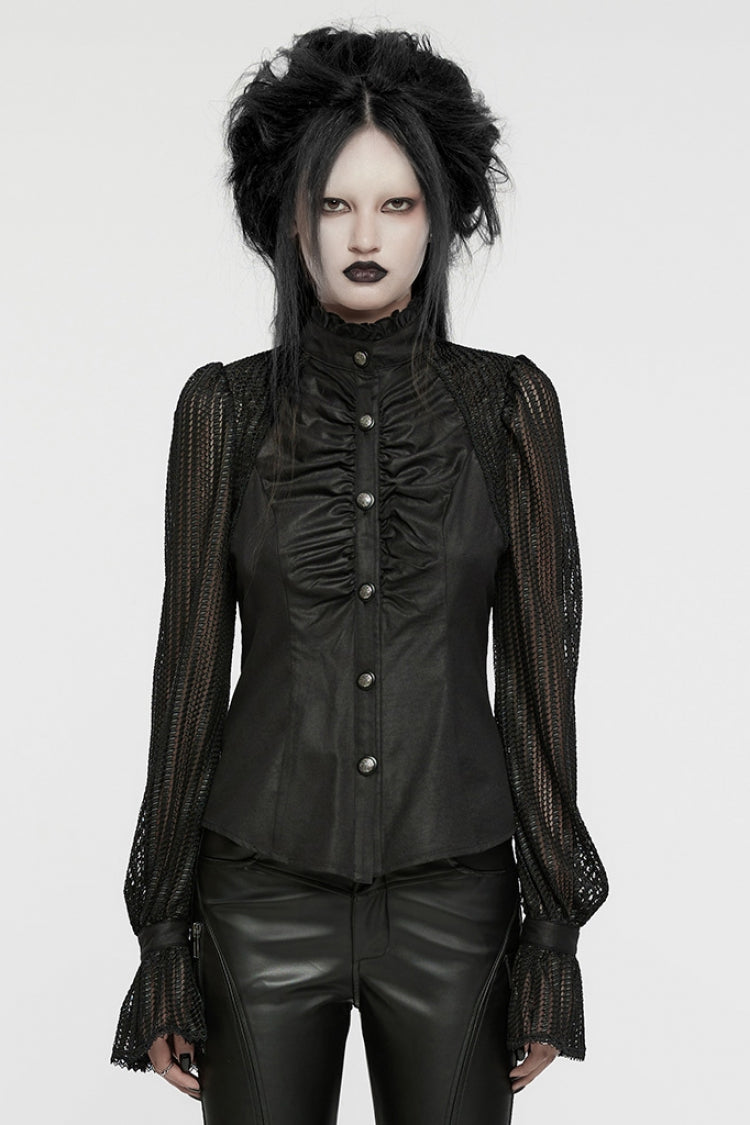 Black Stand Collar Stitching Mesh Women's Punk Blouse - Black - 1